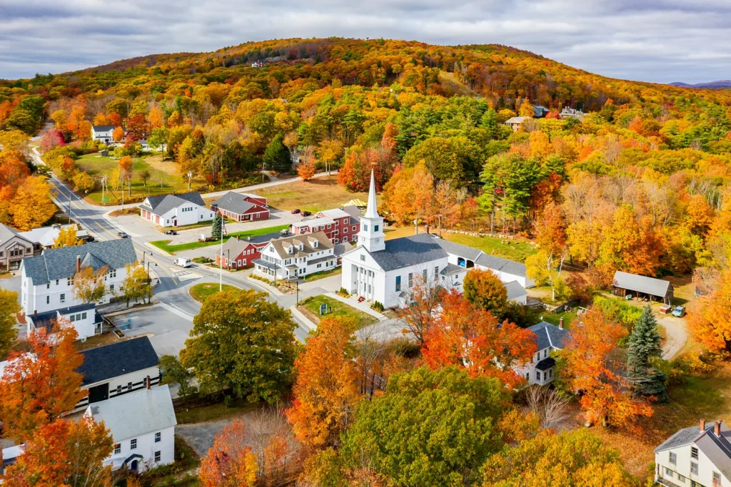 New England town with fall foliage