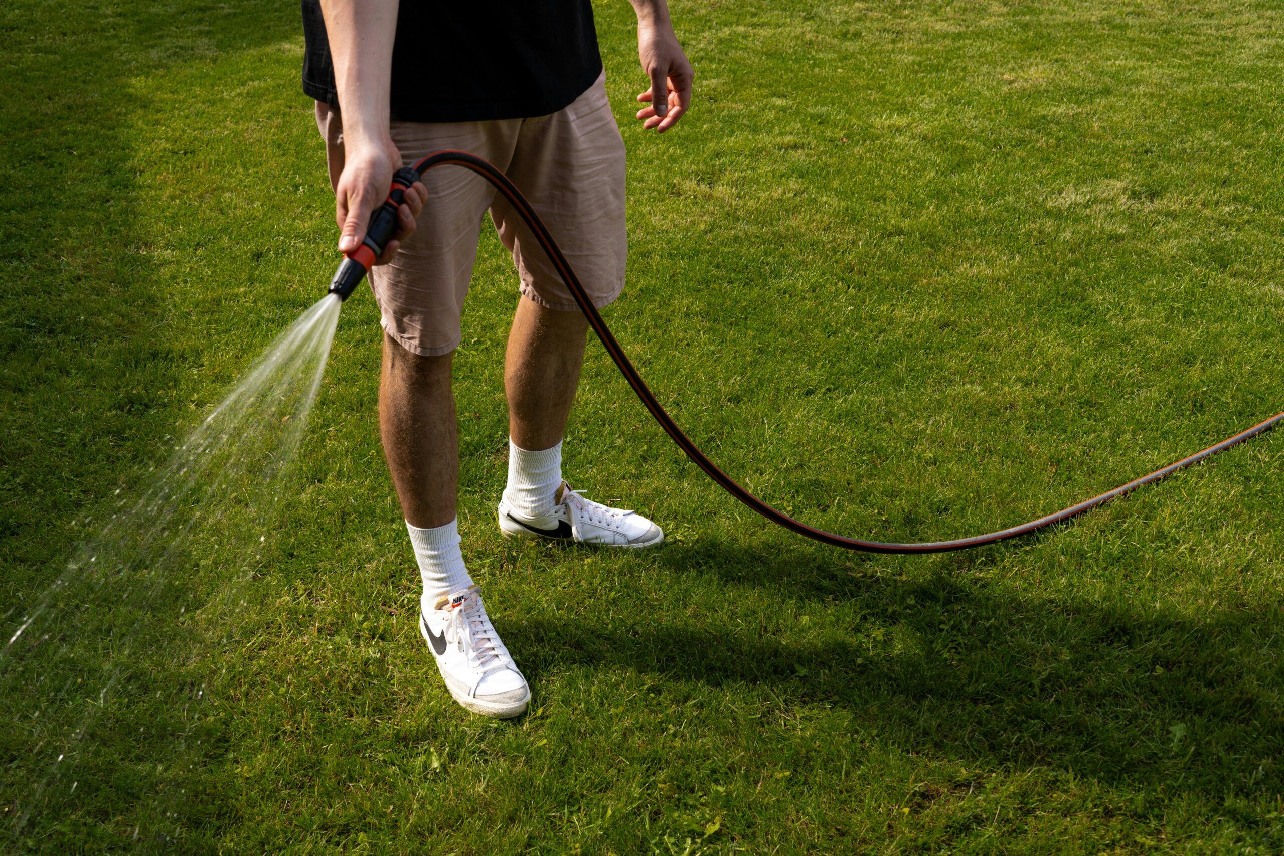 Man taking care of a lawn while holding a hose