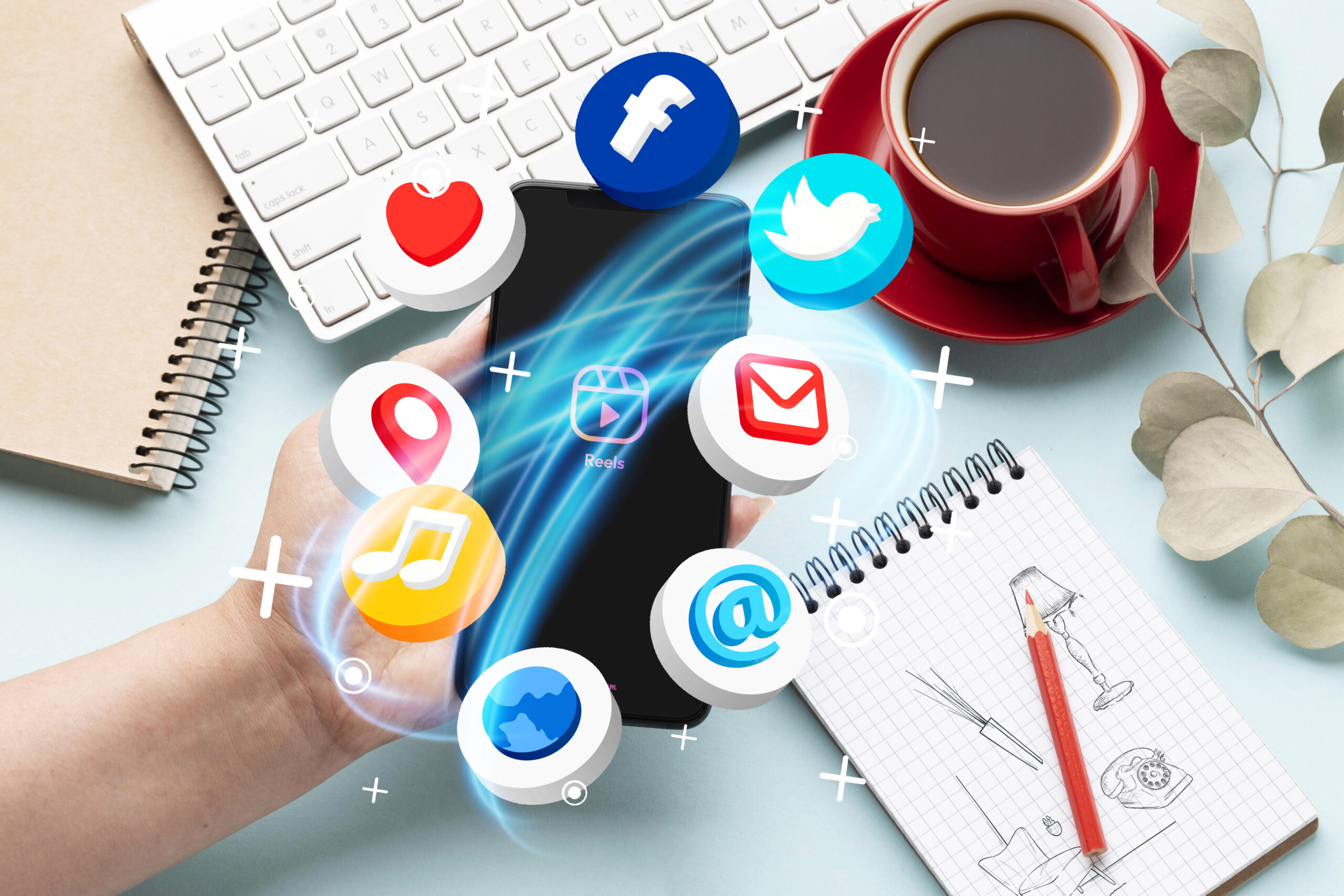 Social media icons floating on table