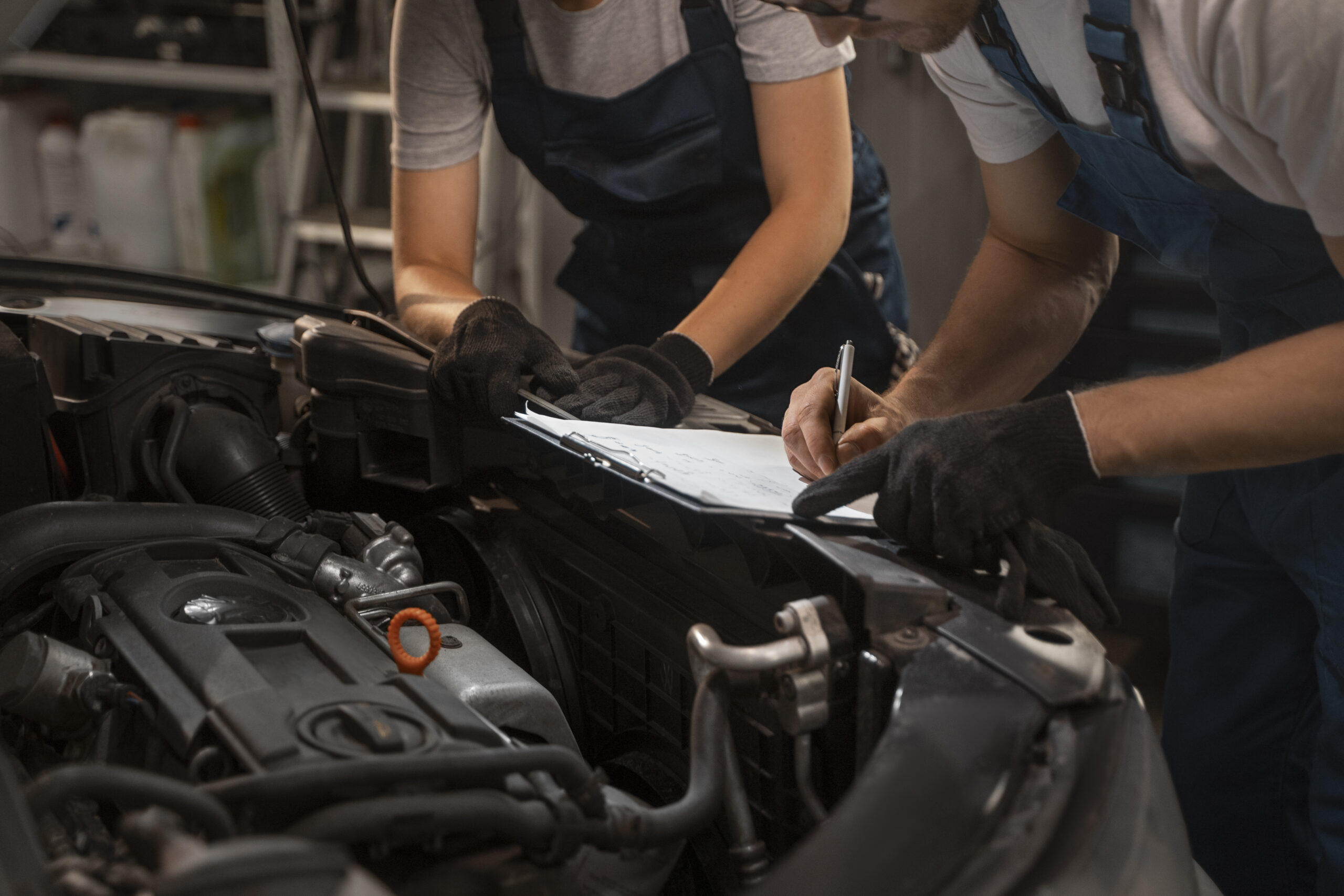 Mechanics working on car