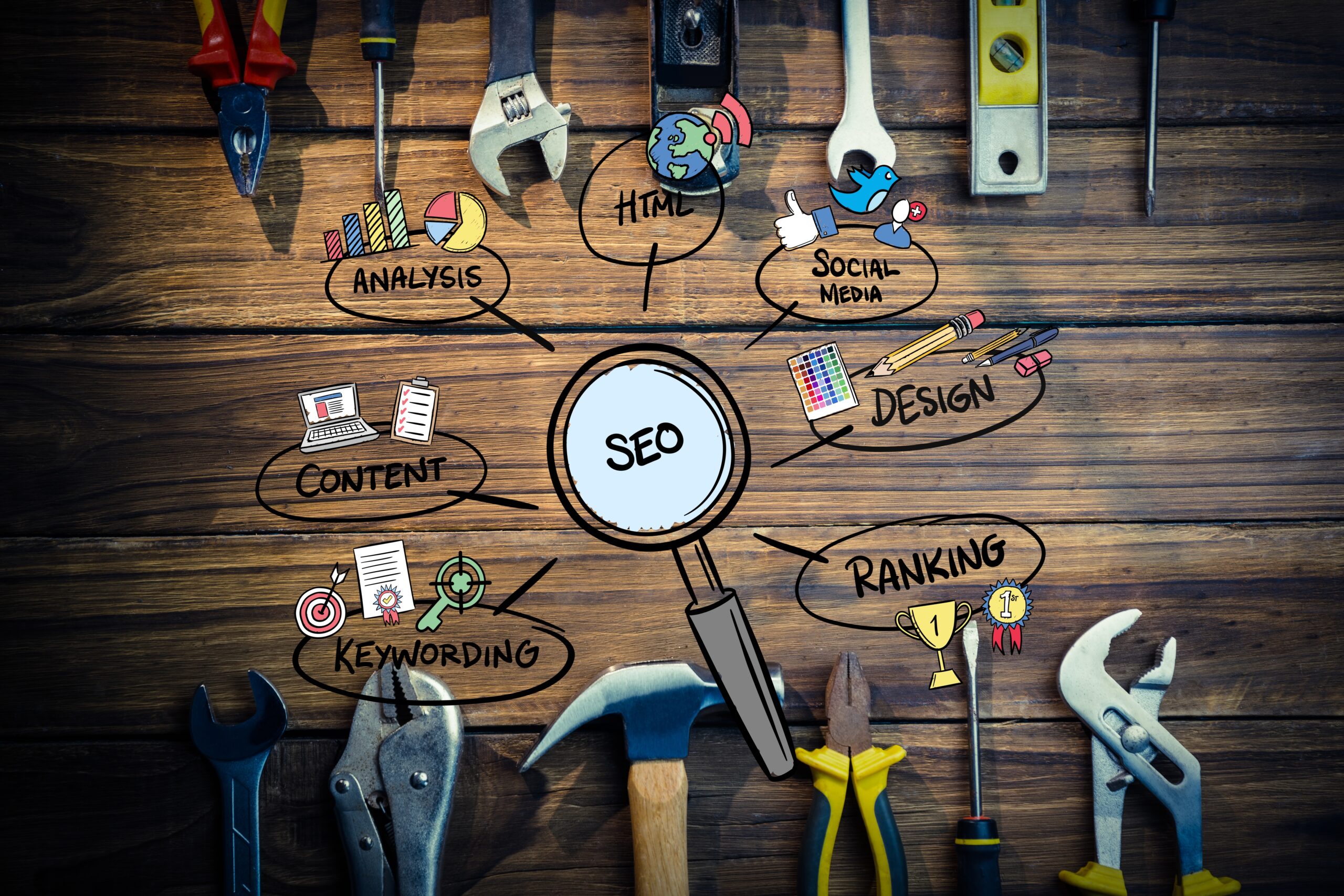 construction tools on wooden planks with SEO logo on microscope