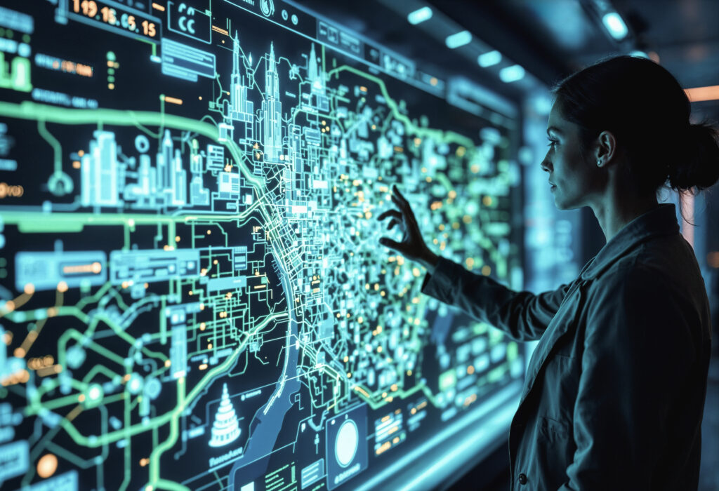 Woman interacting with a futuristic digital map interface displaying data networks and city infrastructure analytics.