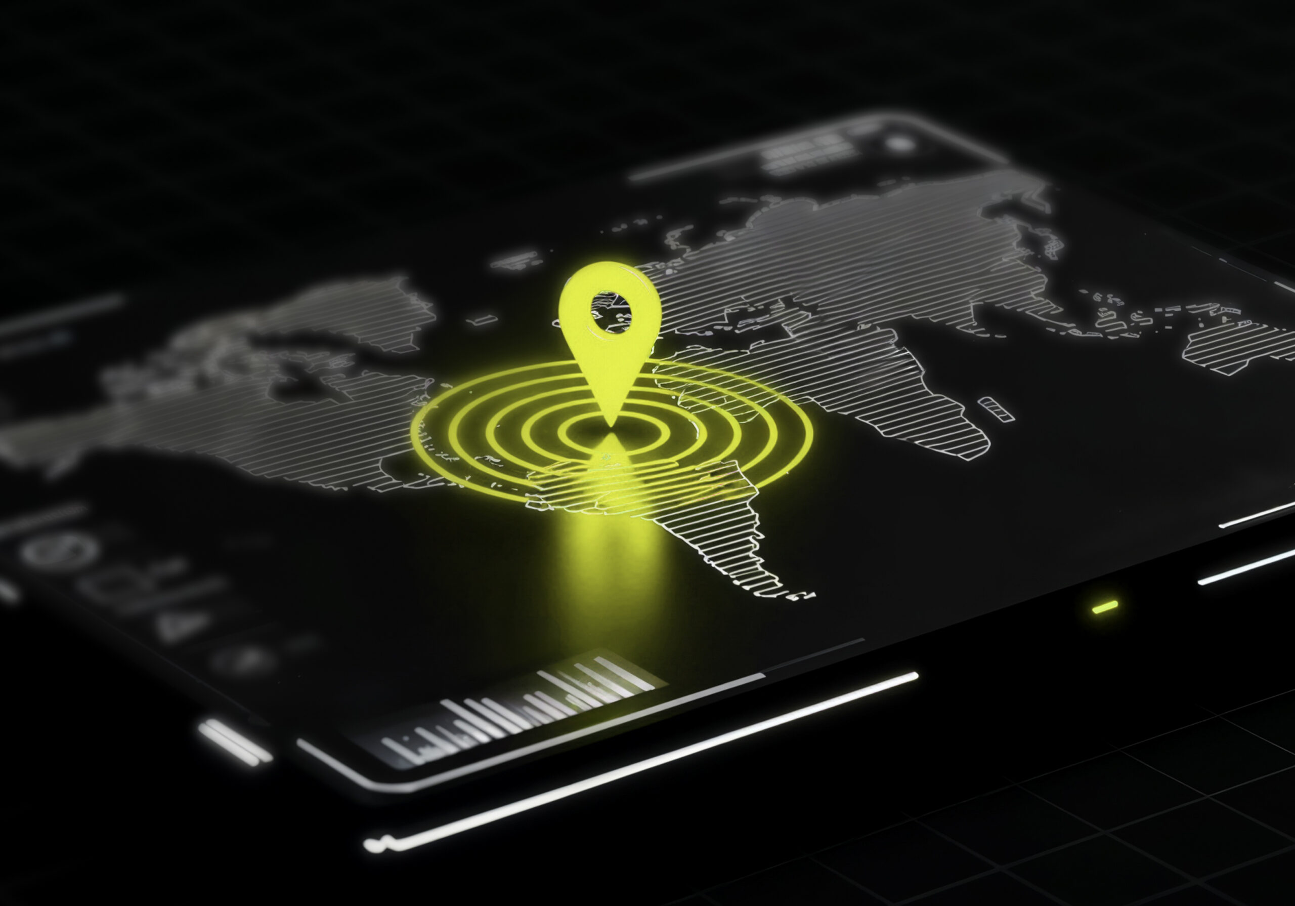 “Digital world map displayed on a smartphone screen with a glowing location pin highlighting a global target point”
