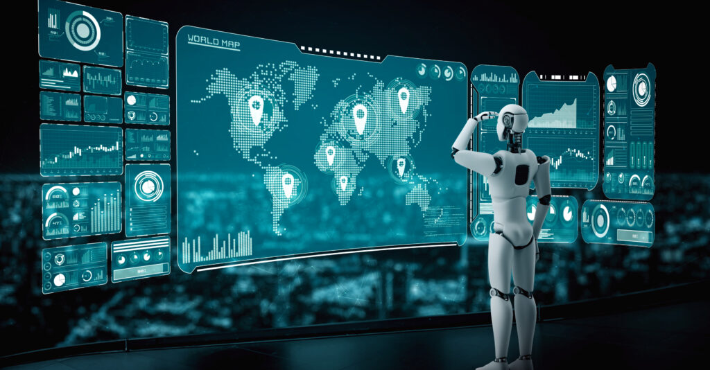 Humanoid robot analyzing a digital world map and data dashboards, representing AI-driven analytics, global insights, and intelligent search systems.