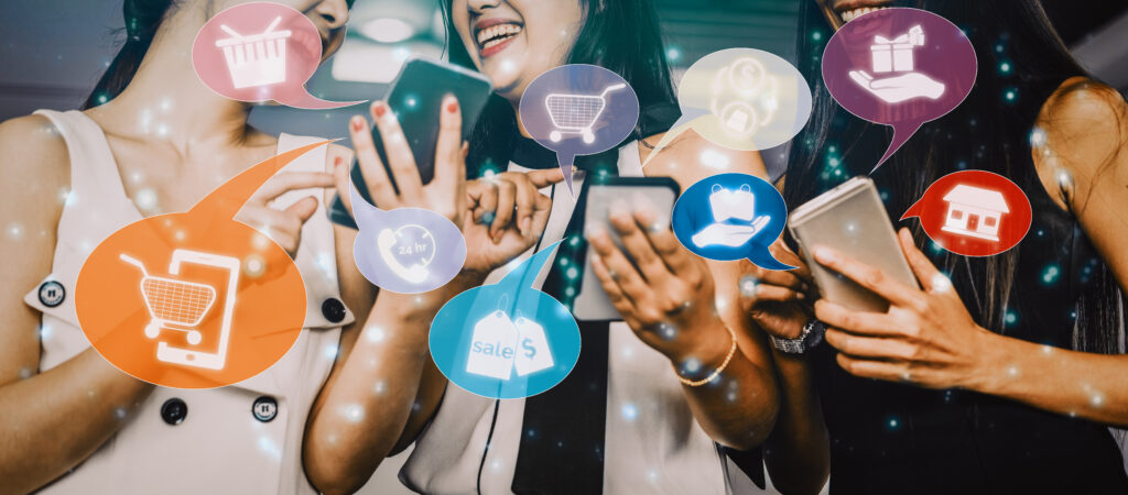 People using smartphones with digital shopping icons representing mobile commerce, online purchases, sales, and customer engagement.