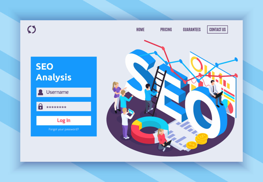 Illustrated SEO analysis dashboard showing a login screen, large “SEO” letters, charts, graphs, and a team optimizing search performance and rankings.