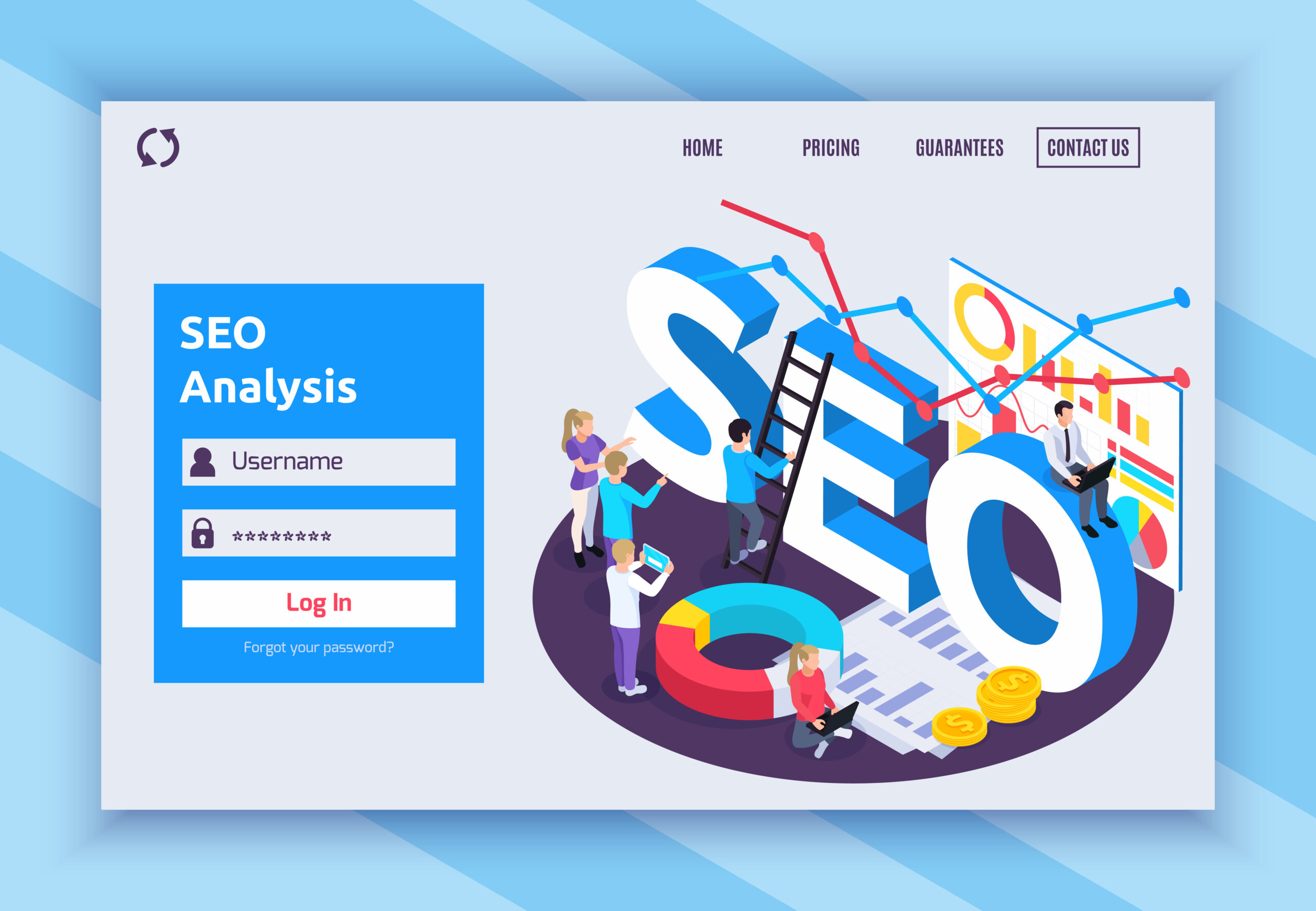 Illustrated SEO analysis dashboard showing a login screen, large “SEO” letters, charts, graphs, and a team optimizing search performance and rankings.