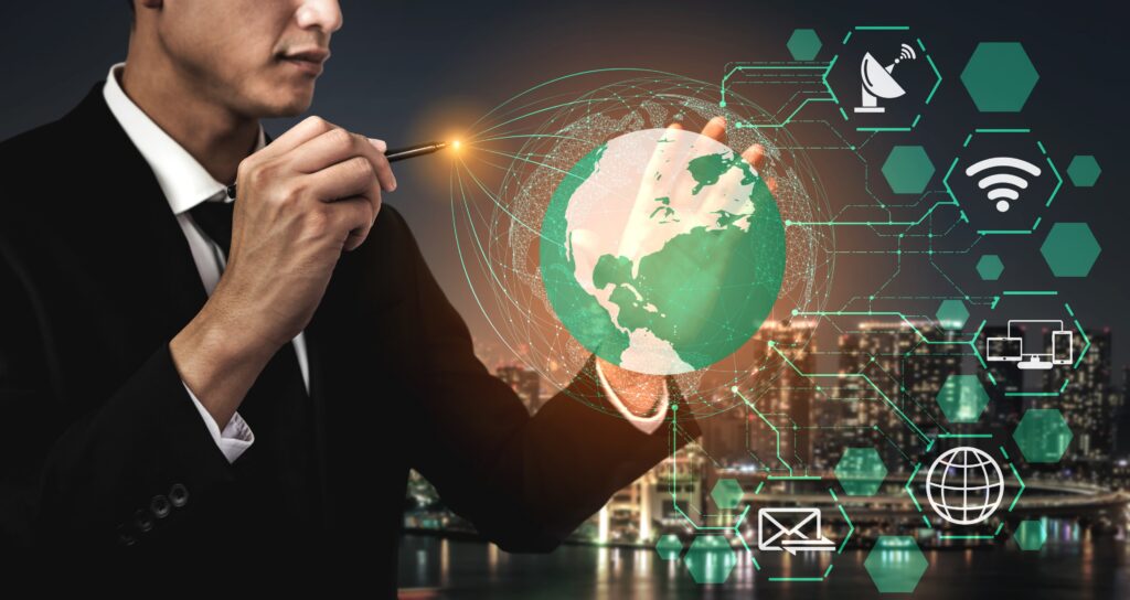 Business professional interacting with a digital globe and connected technology icons, representing GovTech solutions, global connectivity, and modern government technology networks.
