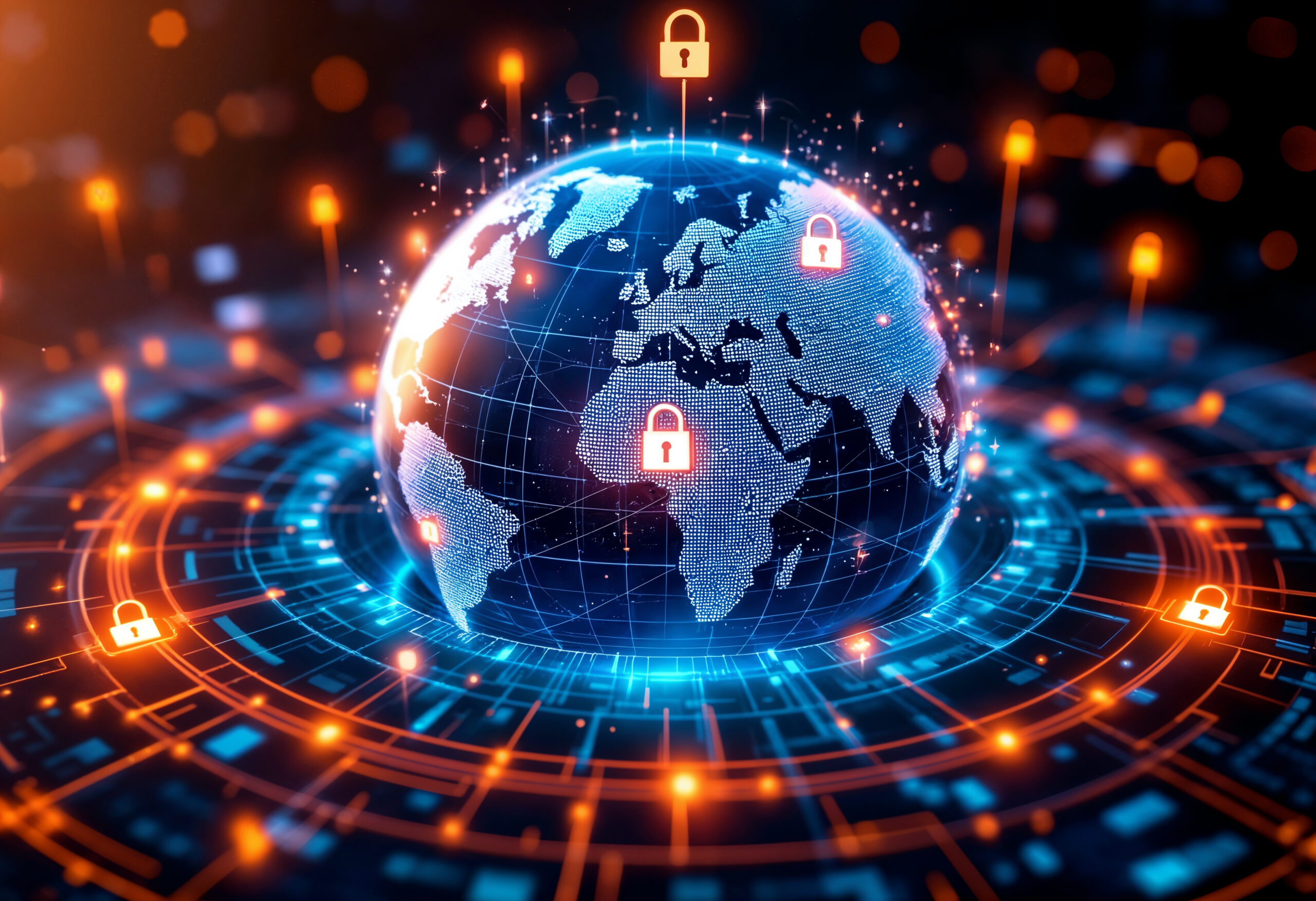 Digital globe surrounded by glowing lock icons, representing global cybersecurity protection, secure networks, and data security across international systems.