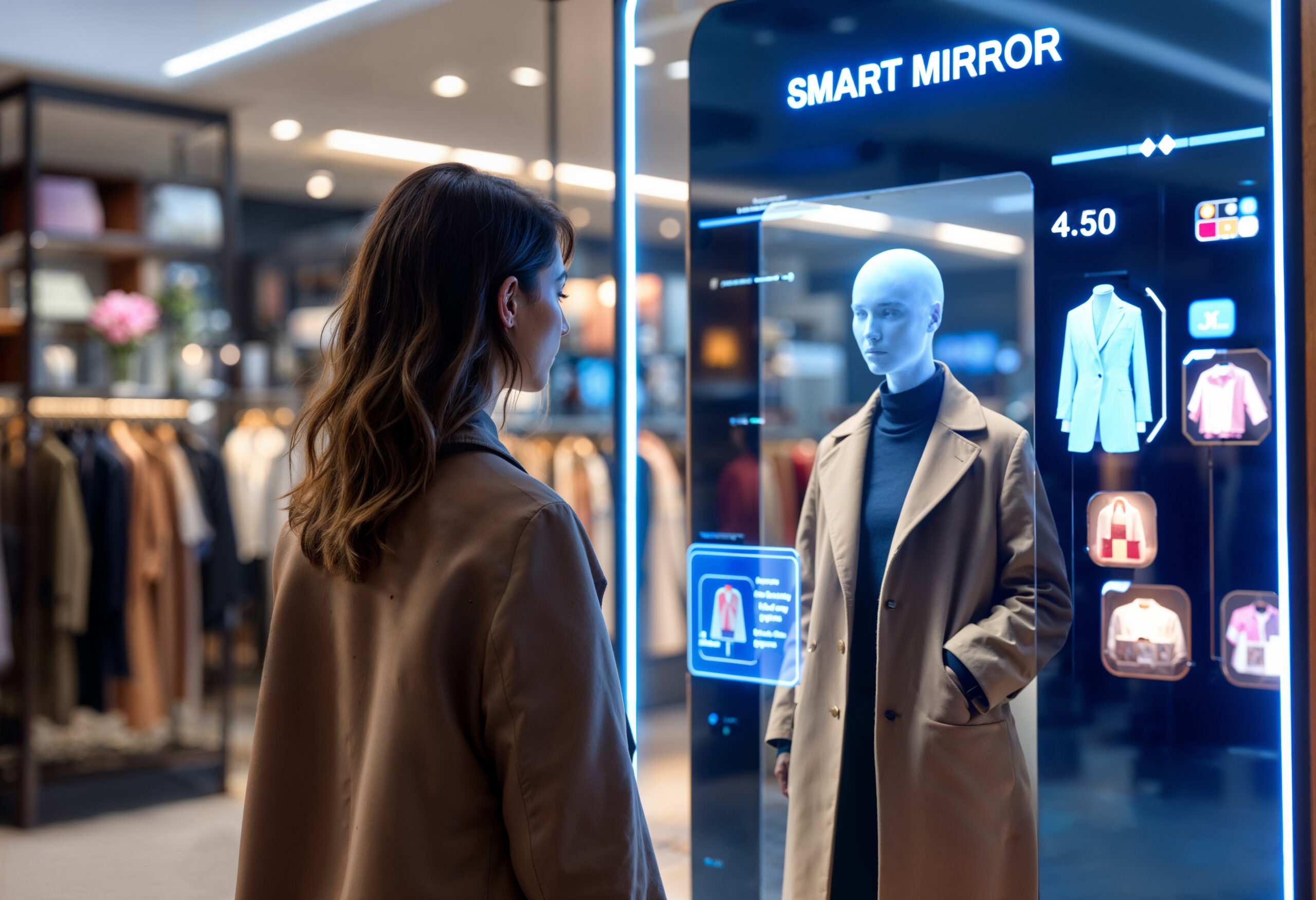 Woman using a smart mirror in a modern clothing store to virtually try on outfits and view style recommendations on a digital display.
