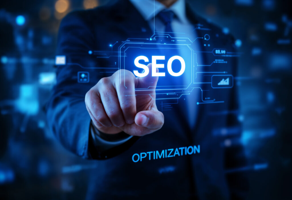 SEO optimization concept showing a business professional selecting a digital SEO interface with analytics and performance icons