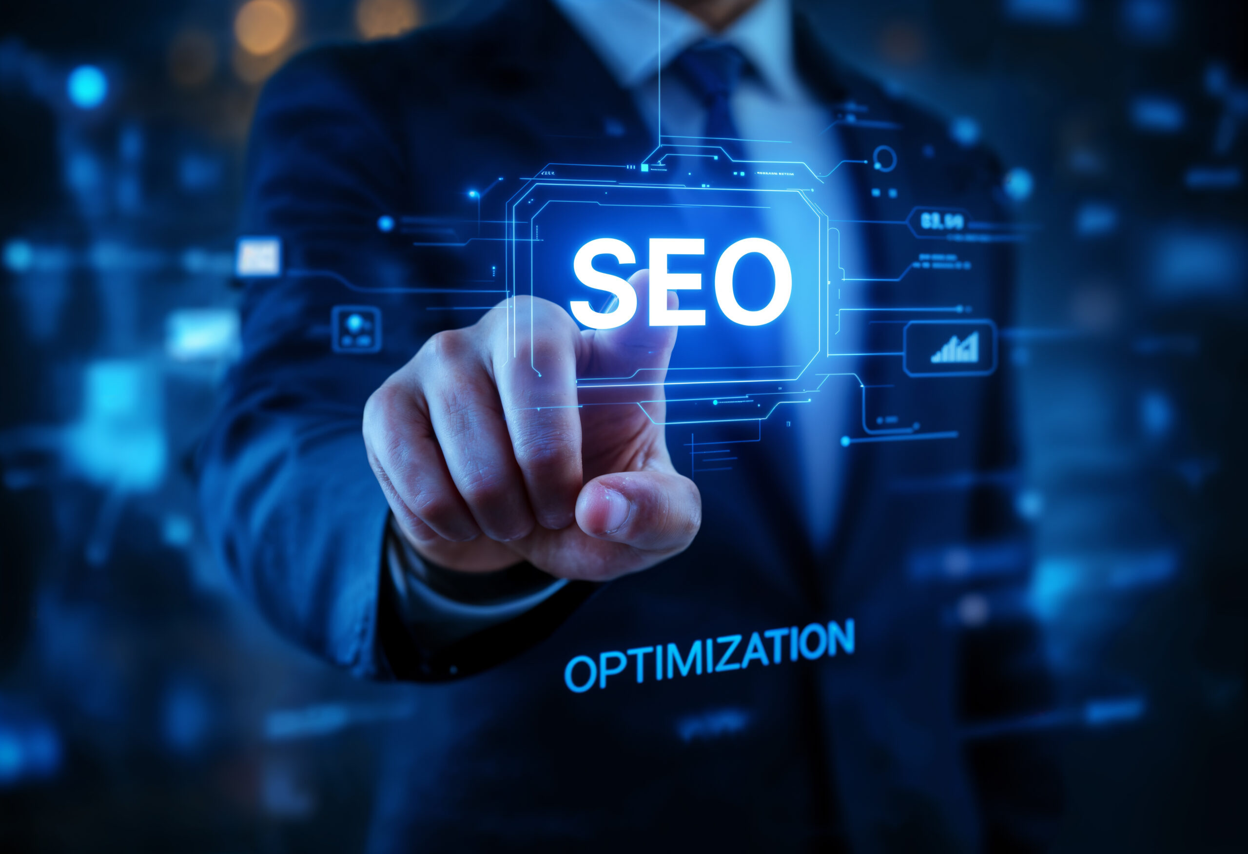 SEO optimization concept showing a business professional selecting a digital SEO interface with analytics and performance icons