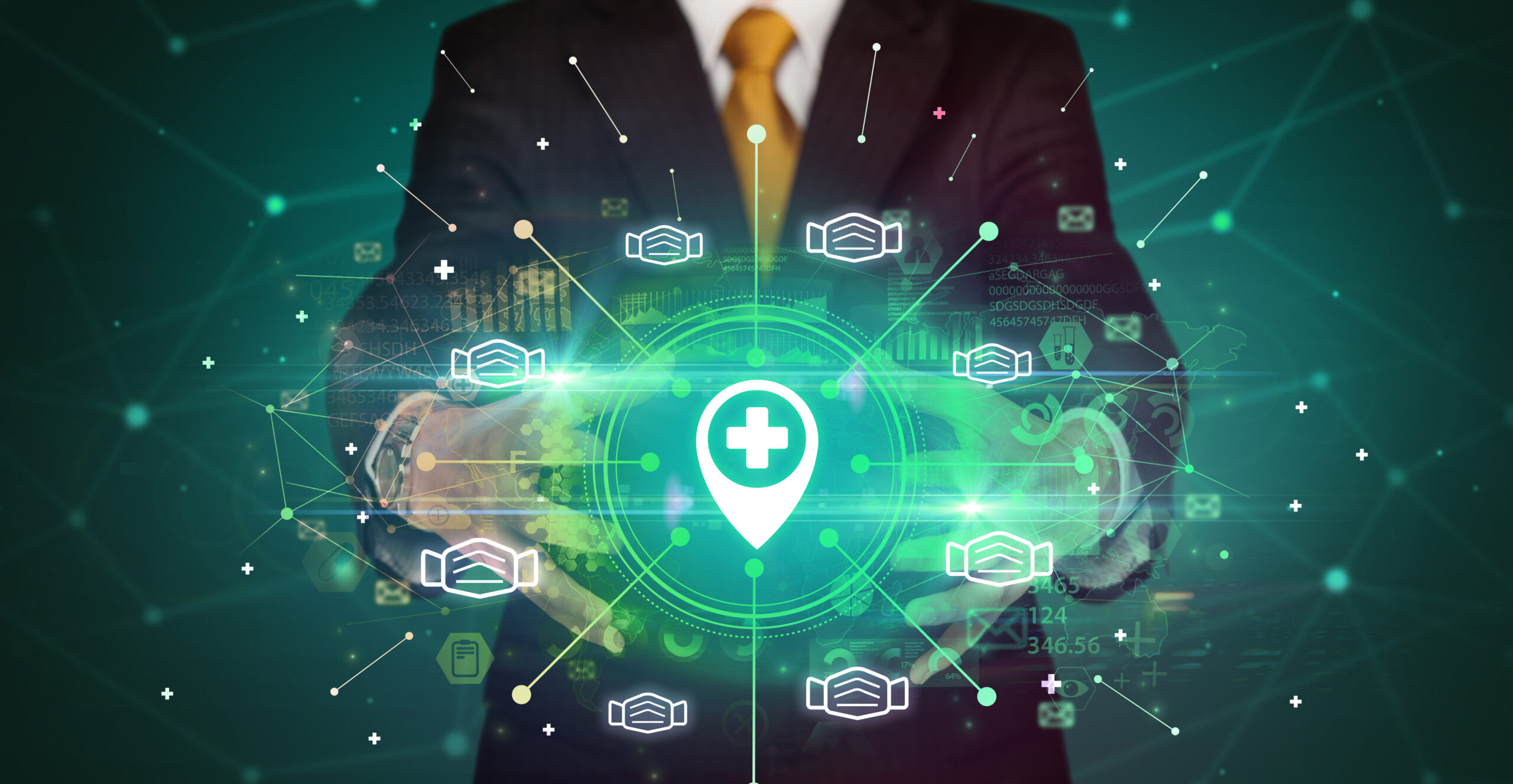 Business professional holding a glowing digital healthcare network with a medical location icon, representing concierge medicine, connected care systems, and healthcare data technology.