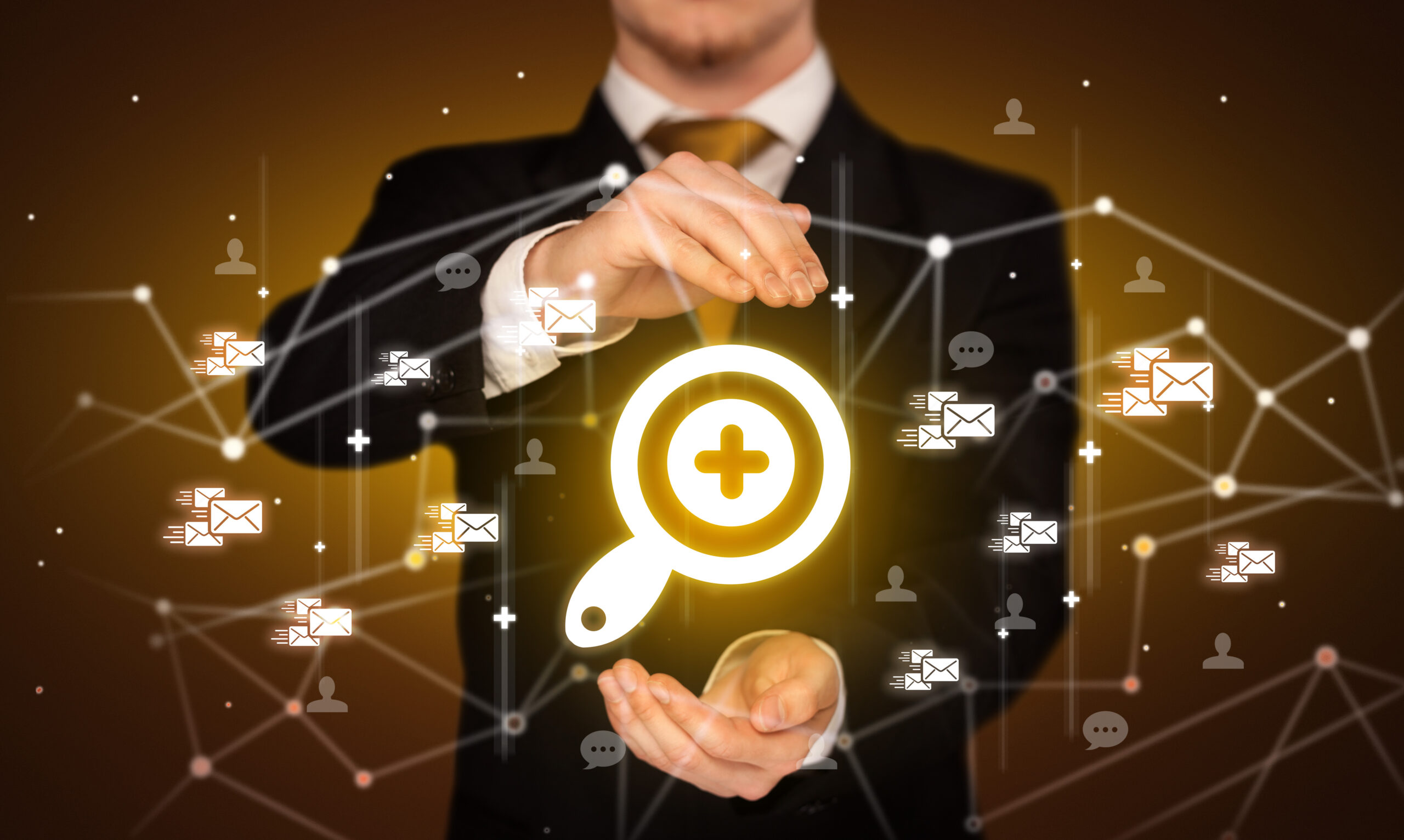 Business professional holding a glowing search and medical plus icon surrounded by connected messages and user symbols, representing concierge medicine SEO, patient acquisition, and digital healthcare marketing.