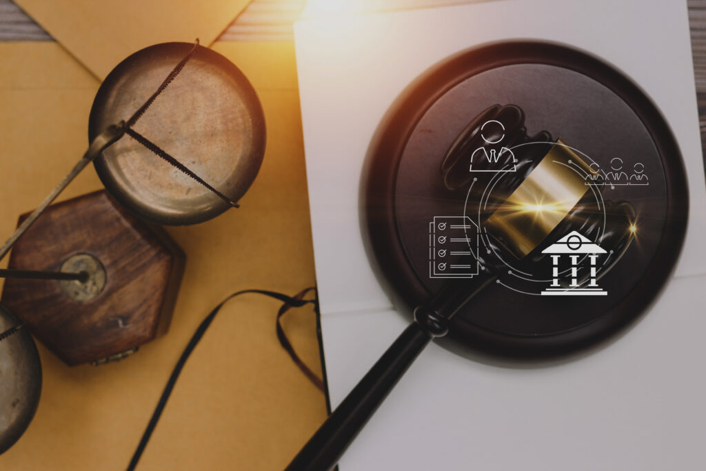 Judge’s gavel and scales of justice beside a magnifying glass highlighting legal icons, representing Legal Practice GEO, law firm discovery, and location based legal search visibility.