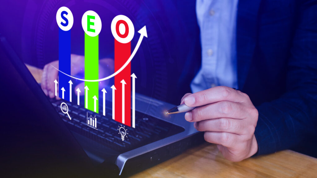 SEO performance growth chart showing rising search rankings and optimization results on a digital screen