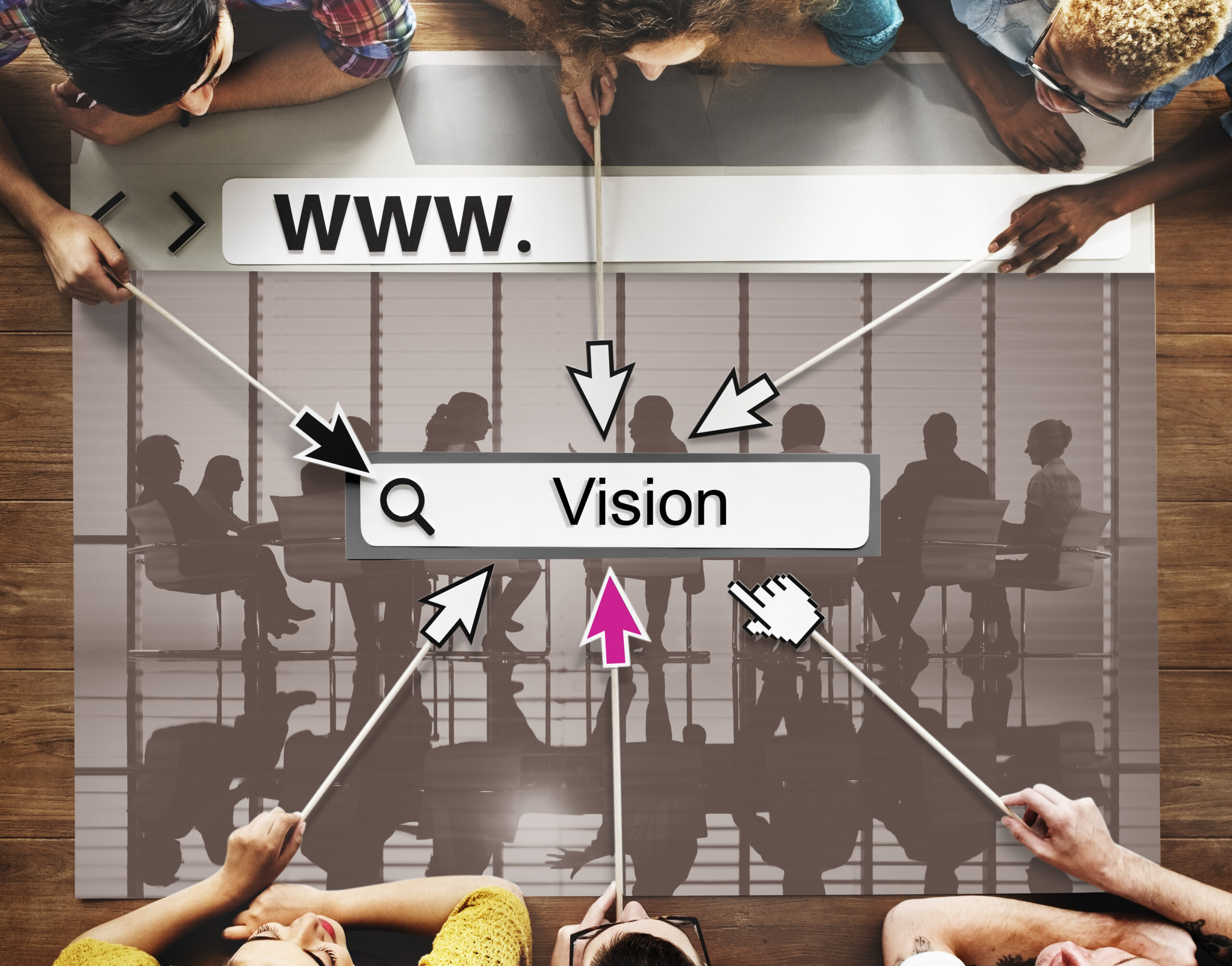 Team collaborating around a large search bar labeled “Vision,” with arrows pointing toward it, representing SEO vs GEO strategy alignment, search intent focus, and shared digital visibility goals.