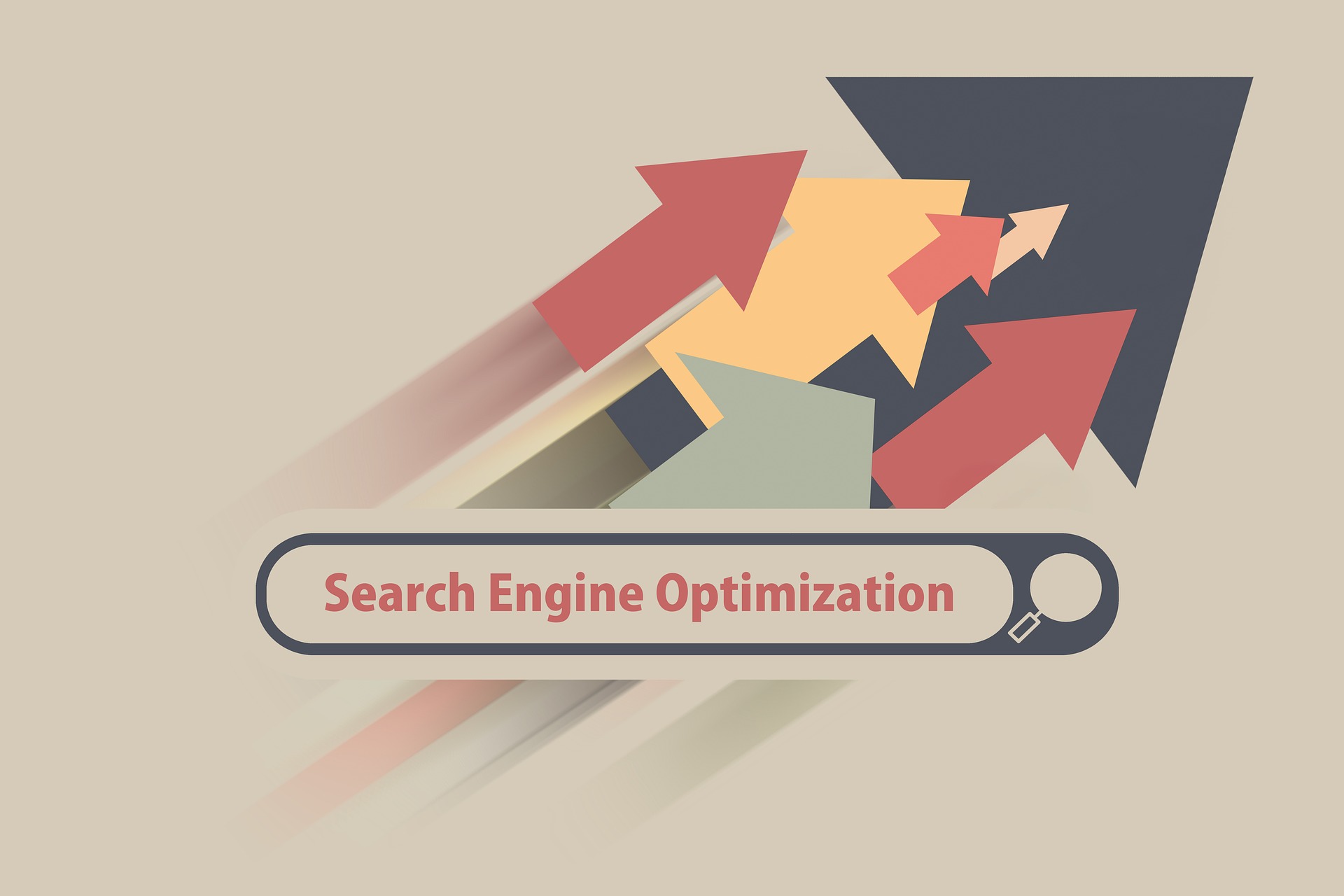 Illustration of upward pointing arrows emerging from a search bar labeled “Search Engine Optimization,” representing growth in rankings, traffic, and online visibility through SEO.