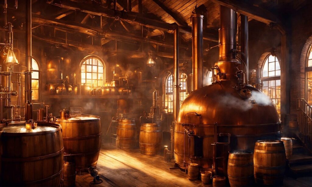 Industrial brewery interior with copper brewing tanks, wooden barrels, and warm sunlight streaming through arched windows, creating a rustic and atmospheric scene.