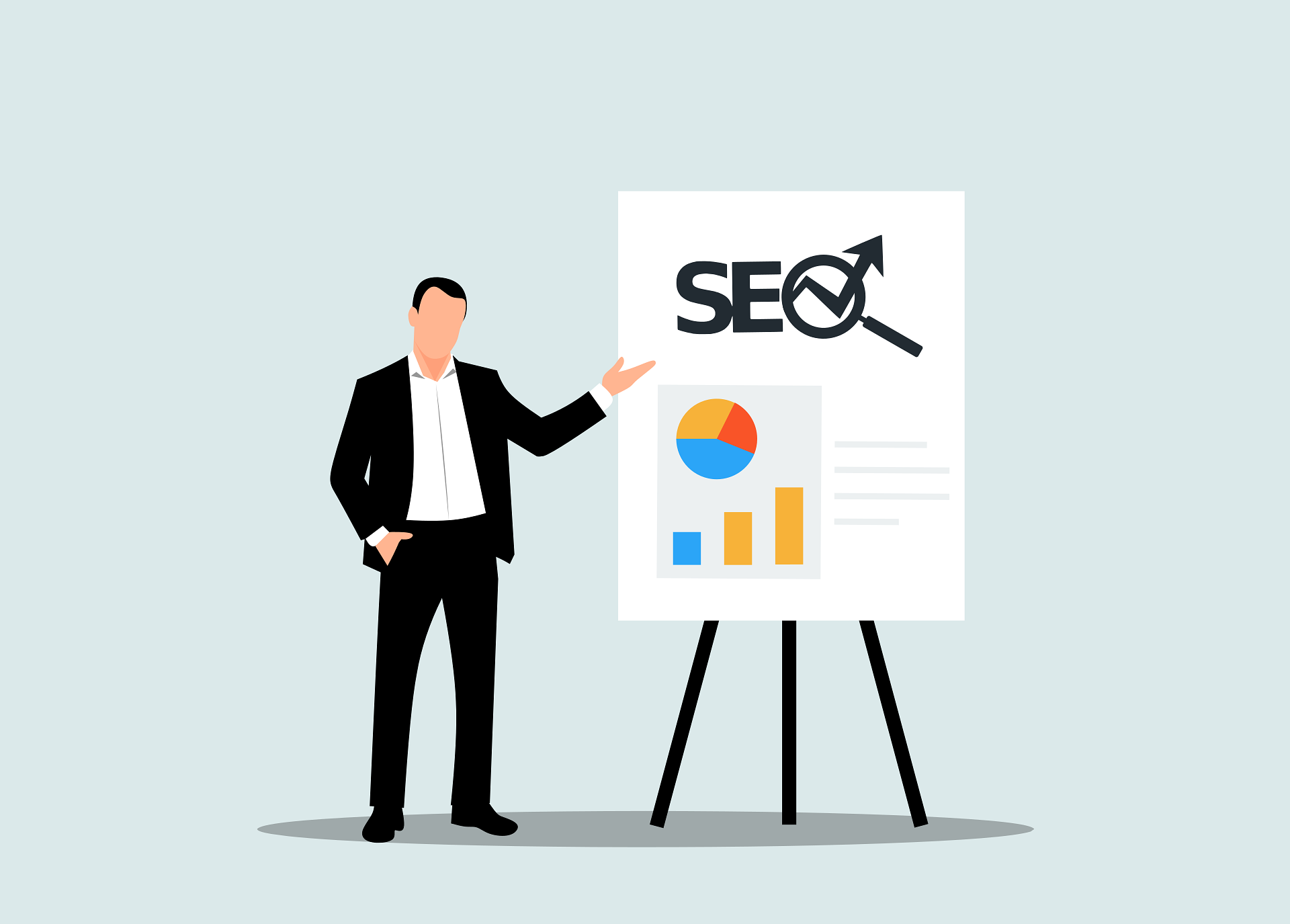 Illustration of a business professional presenting an SEO report on a board, showing charts and an upward trend, representing search engine optimization strategy and performance growth.