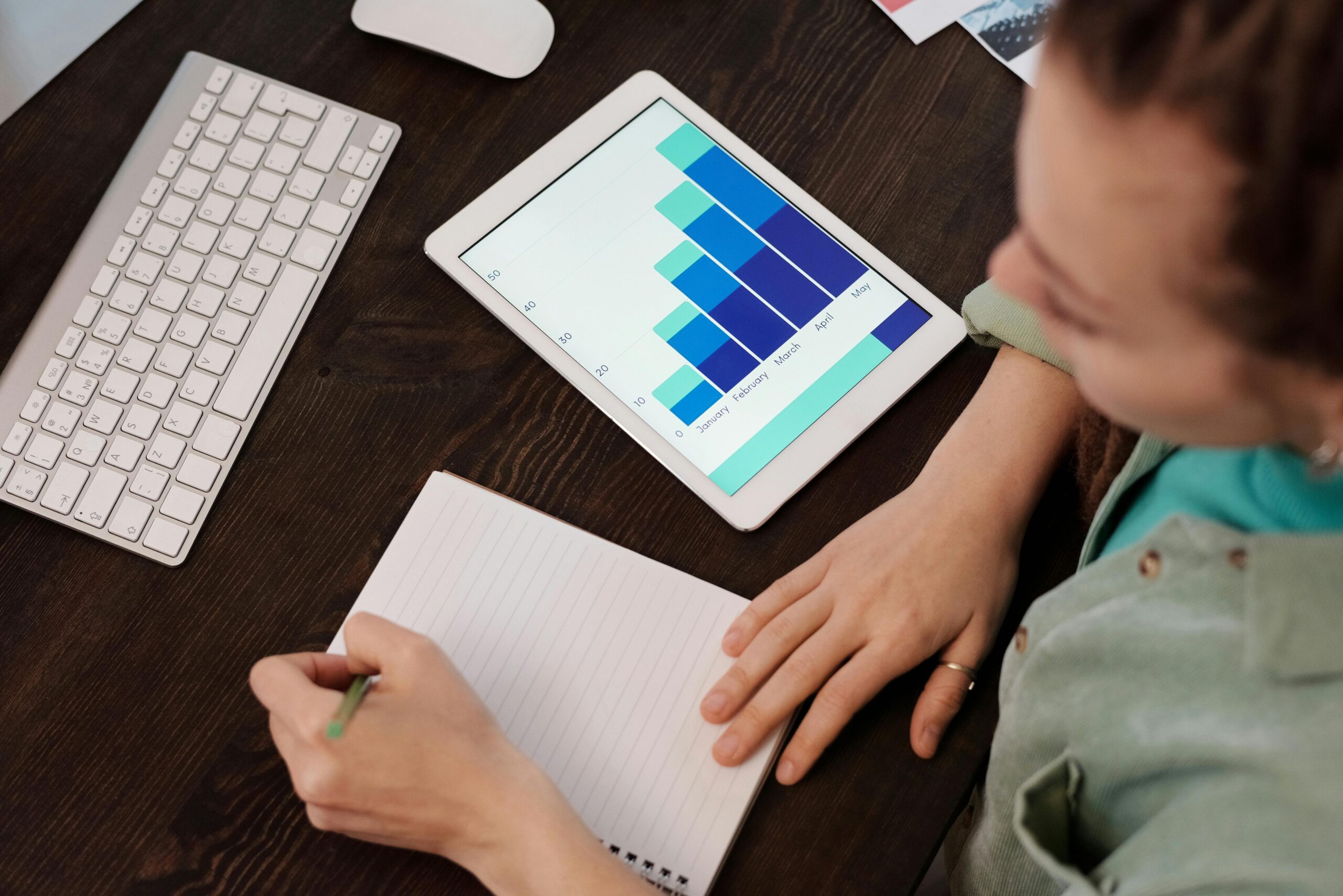 A professional working at a desk, reviewing performance data on a tablet showing a bar chart while taking notes in a notebook next to a keyboard.