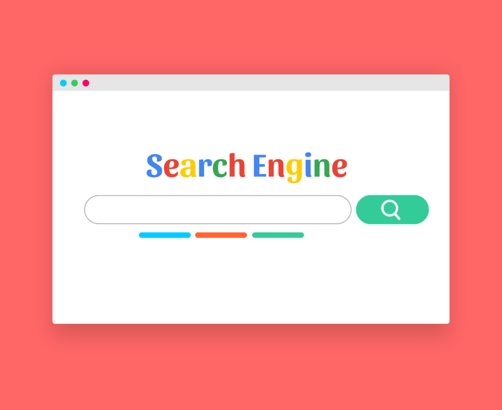 Search engine interface illustration with a browser window, colorful “Search Engine” text, a search bar, and a magnifying glass icon on a red background.