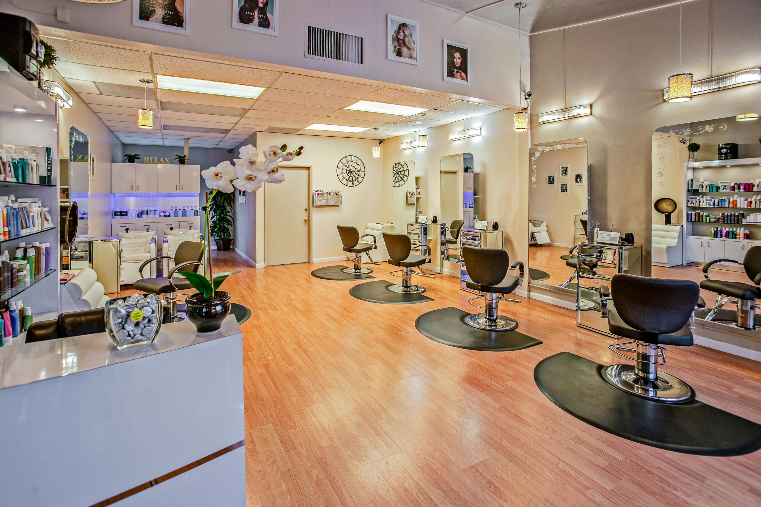 Clean and well-lit hair salon interior featuring multiple styling chairs with mirrors, product shelves along the walls, hardwood floors, and a white orchid on the reception counter.