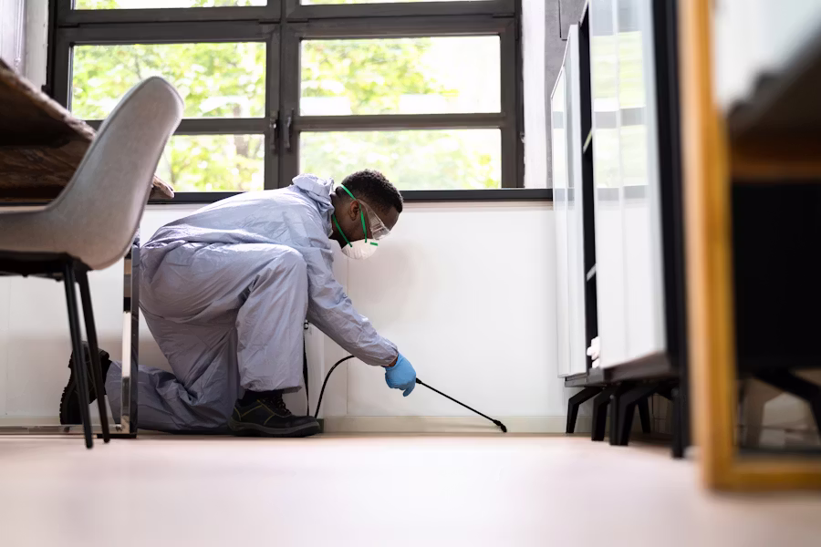 Pest control technician in a protective suit, respirator mask, and gloves spraying treatment along the baseboard of an indoor commercial space.