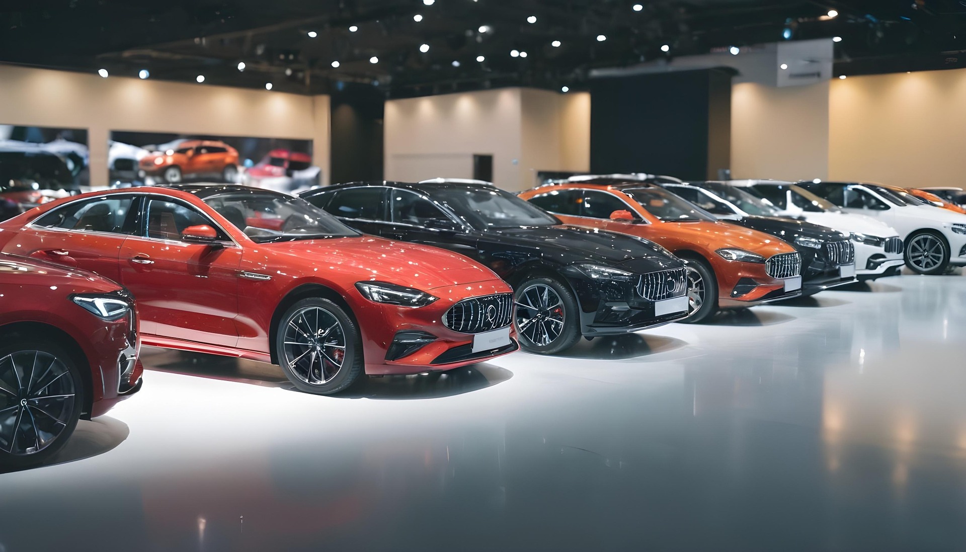 Luxury car showroom featuring a lineup of modern sports sedans and SUVs in red, black, orange, and white under bright showroom lighting.