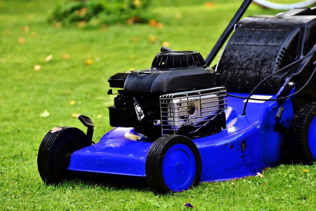 Blue gas-powered lawn mower sitting on freshly cut green grass in a backyard lawn.