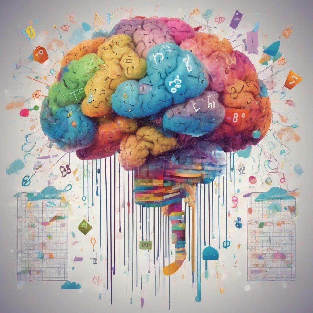 Colorful artistic brain illustration with vibrant sections, abstract symbols, and creative elements on a white background.