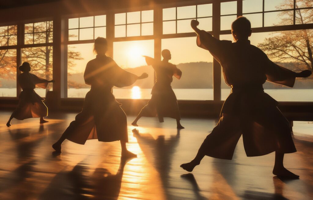 Martial arts practitioners training in a dojo at sunset, silhouetted against large windows overlooking a lake, with warm golden light reflecting across the floor.