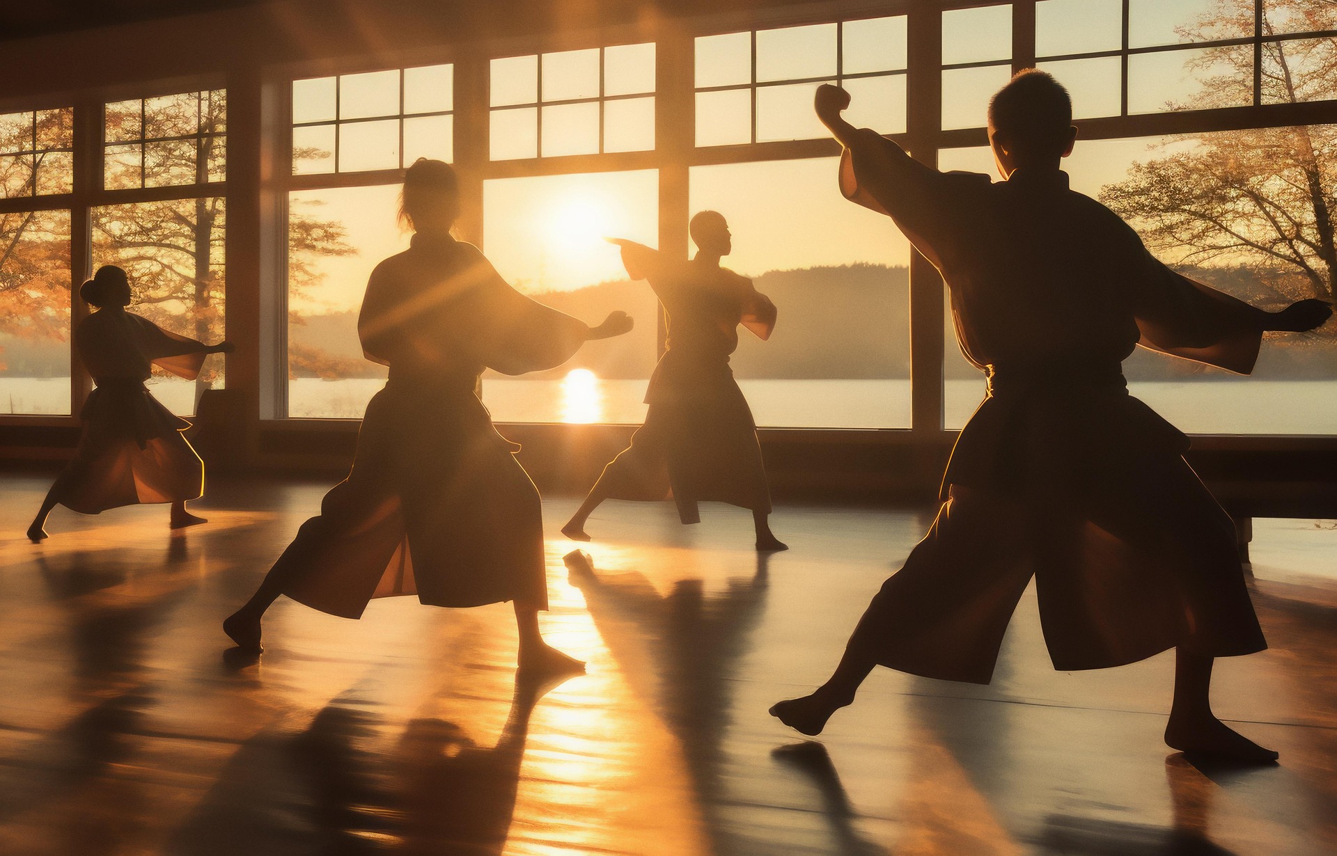 Martial arts practitioners training in a dojo at sunset, silhouetted against large windows overlooking a lake, with warm golden light reflecting across the floor.