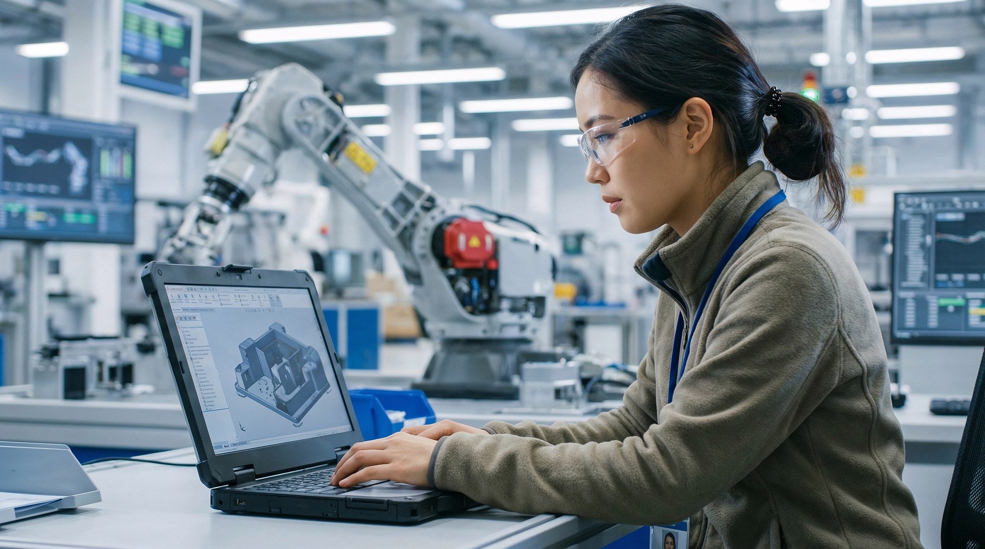 Engineer working on a laptop with a 3D CAD model in a modern manufacturing facility, with robotic automation equipment and monitoring screens in the background.