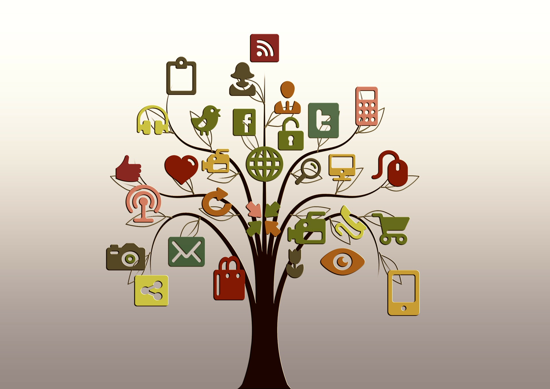 Illustration of a tree made of social media, communication, shopping, and technology icons connected by branching networks.