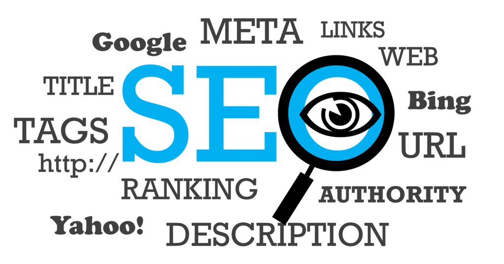 SEO illustration featuring keywords such as ranking, authority, meta tags, links, and search engines surrounding a magnifying glass.