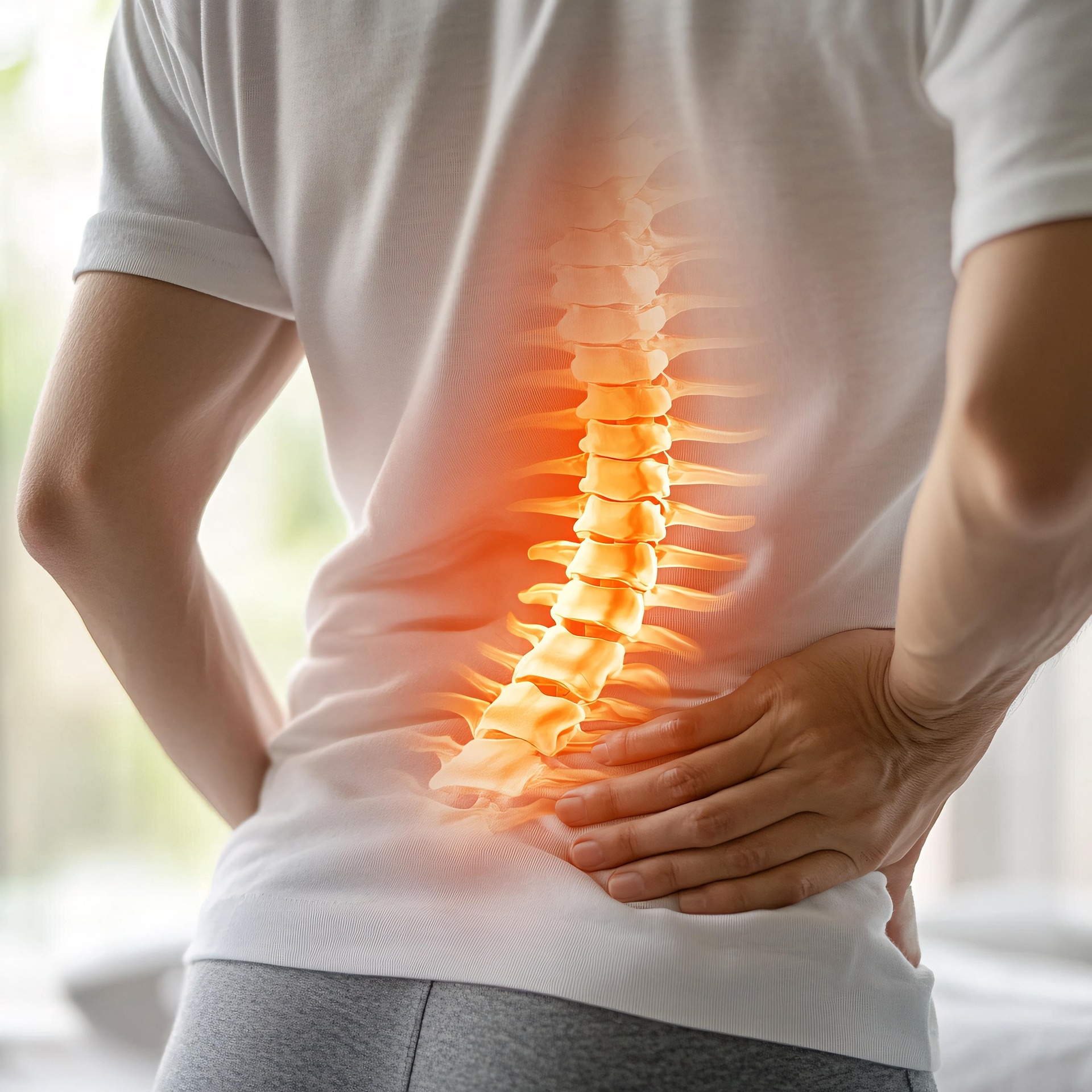 Person holding their lower back with a glowing spine overlay highlighting lower back pain and inflammation.