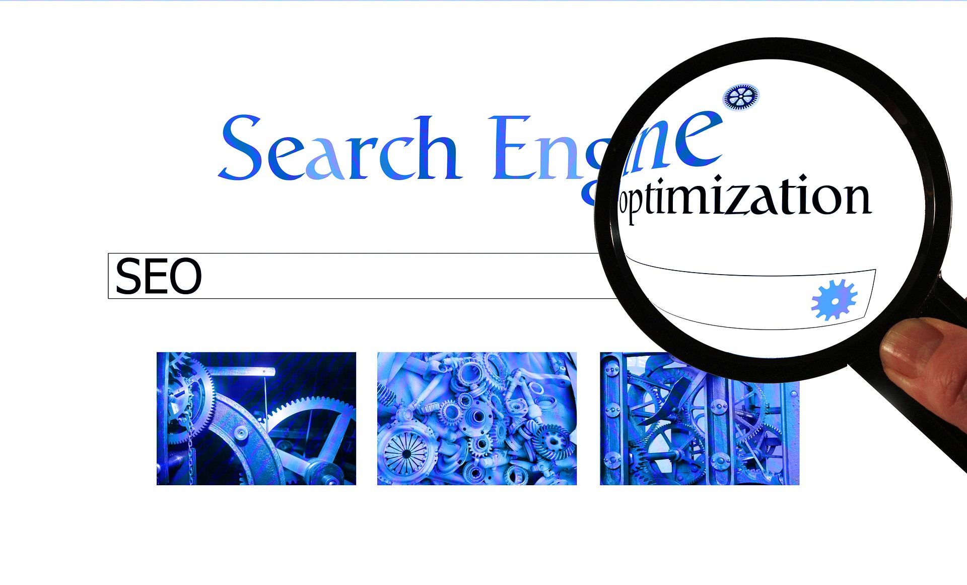 Search engine optimization concept with “SEO” in a search bar and a magnifying glass enlarging the word “optimization.”