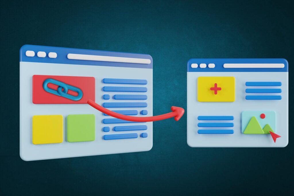 3D illustration of two website pages connected by a red arrow, representing backlinks or link building.