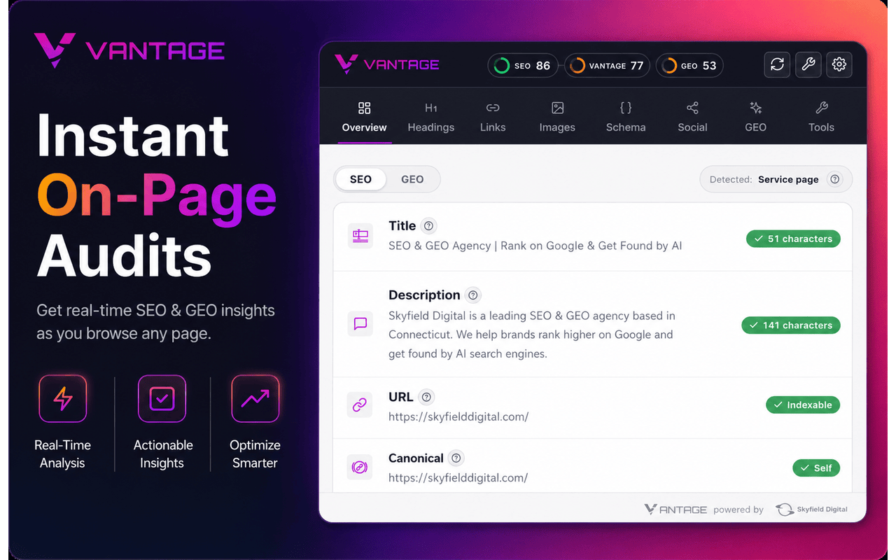 Vantage SEO and GEO browser extension showing instant on-page audits with real-time analysis, actionable insights, and optimization tools.