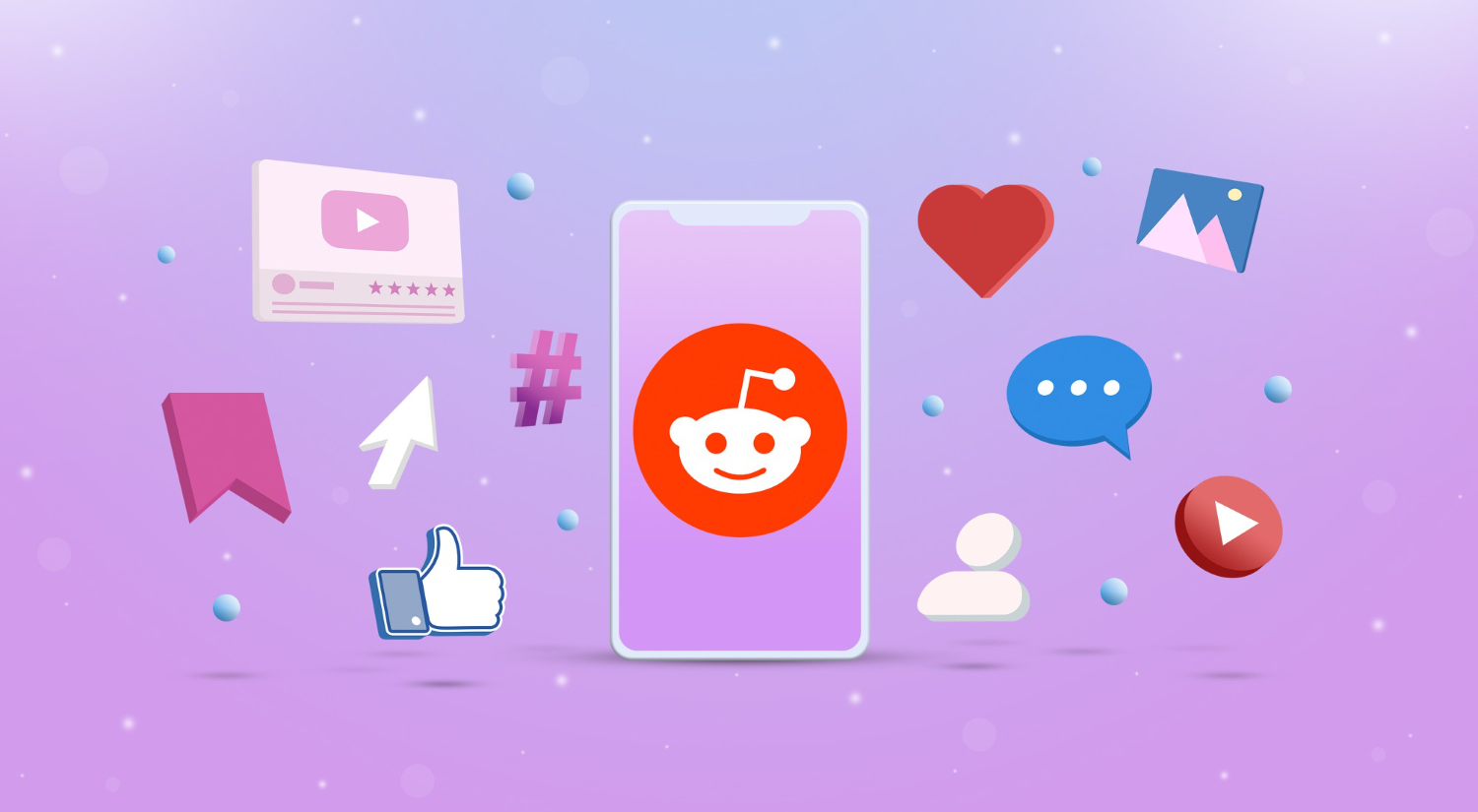 Reddit in a phone surrounded by social media emojis