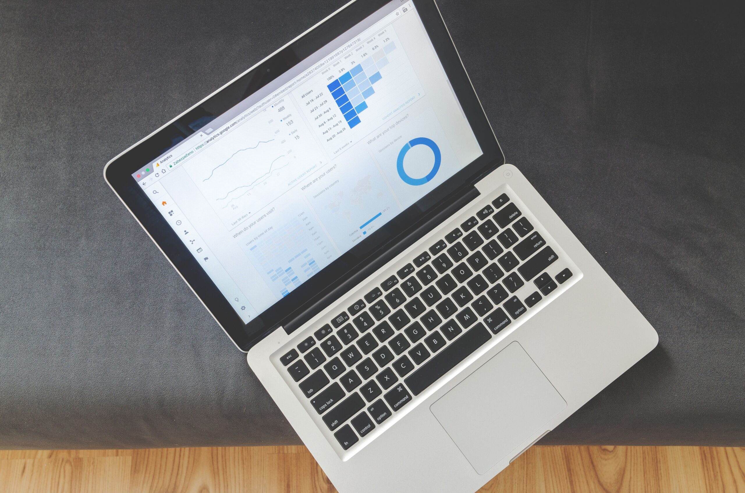 Overhead view of a laptop displaying website analytics charts and visitor data.