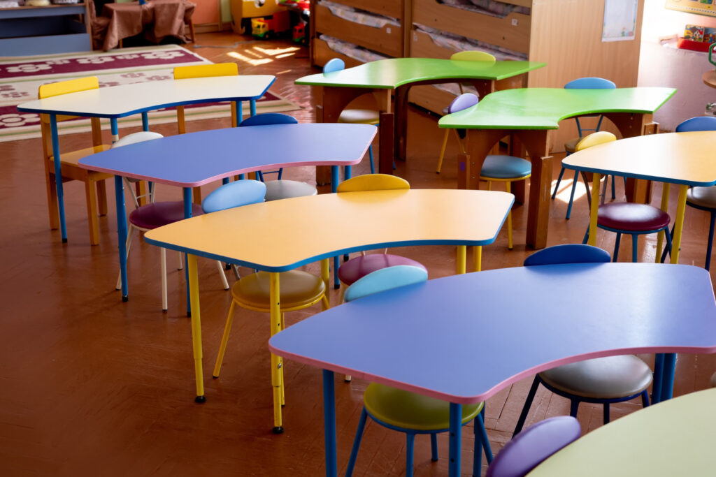 school chairs and desks lined up