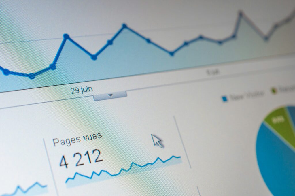 Analytics dashboard showing page views, line graphs, and a pie chart tracking website traffic and performance over time.