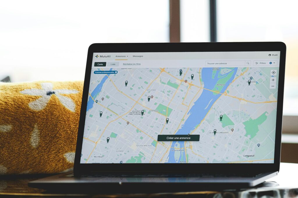 Laptop with a street map open on the screen