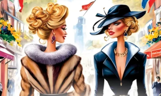 Anúncio de página inteira da Skechers na Vogue com ilustração gerada por IA e texto ilegível na fachada da loja.